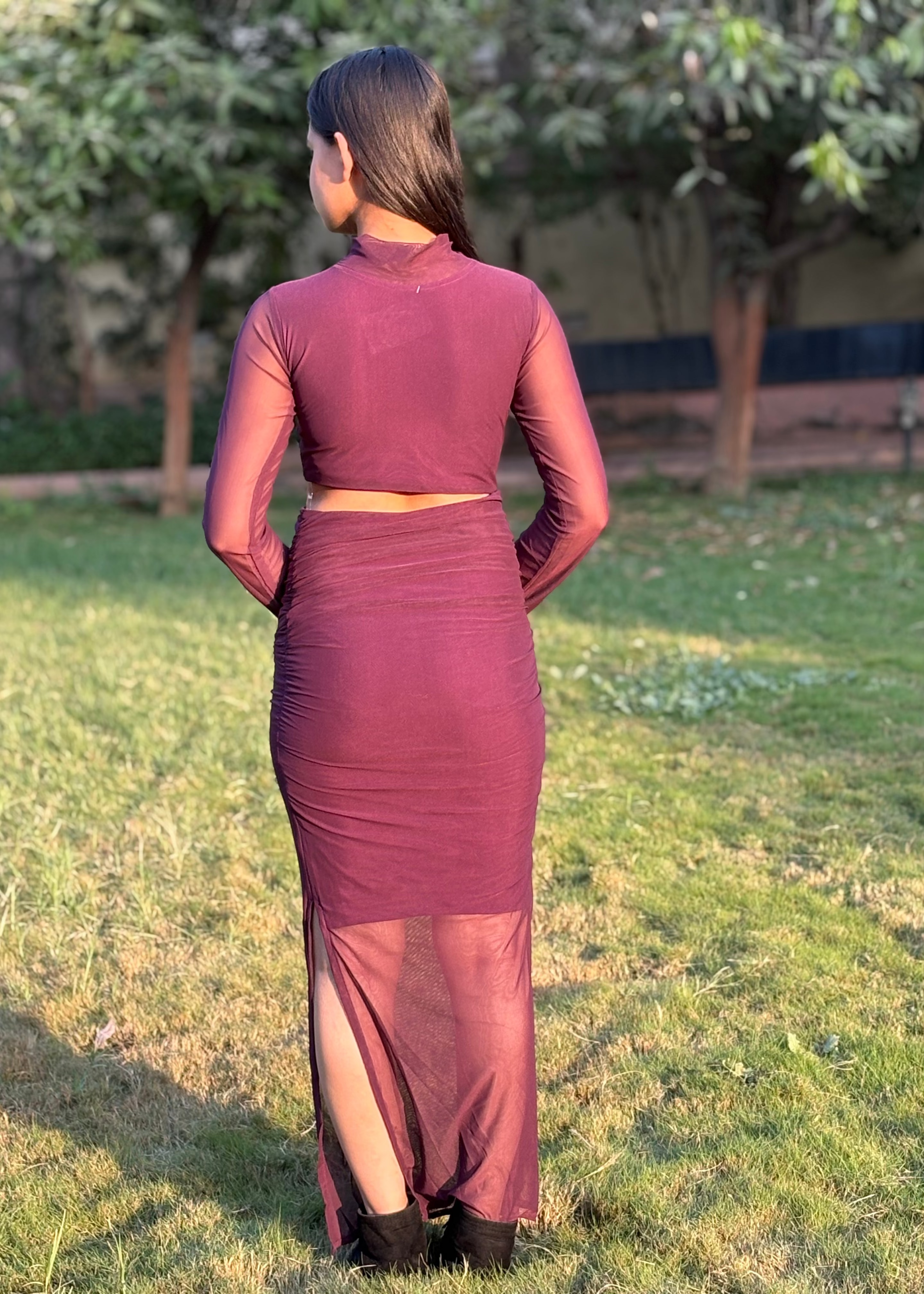 Woman in a sheer plum two-piece mesh dress with long sleeves, standing outdoors on grass