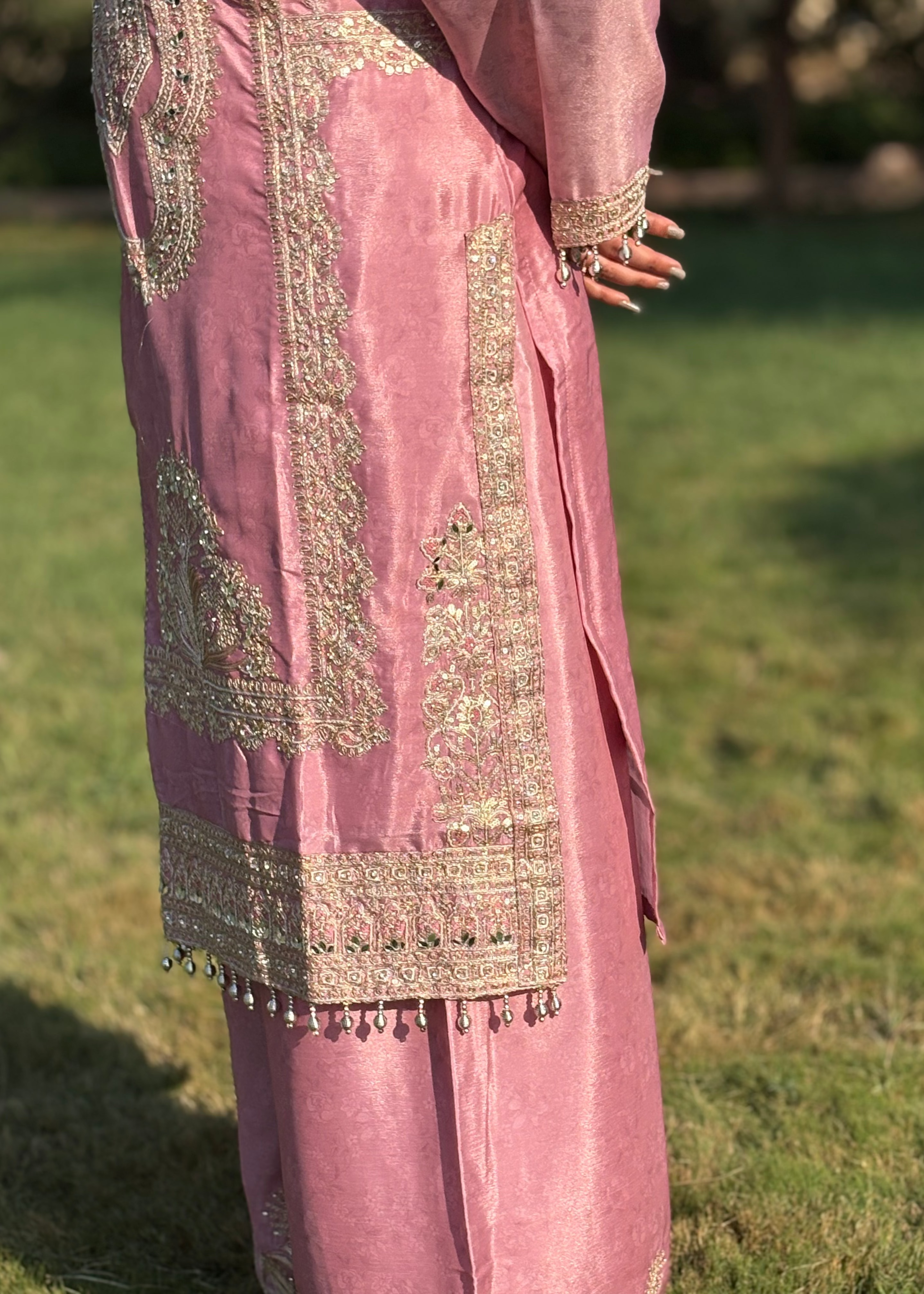 Pink embroidered traditional outfit with gold detailing and beadwork, outdoor setting